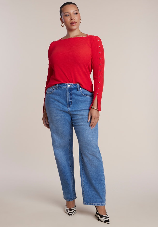 Button-Detail Square Neck Knit Top image number 3