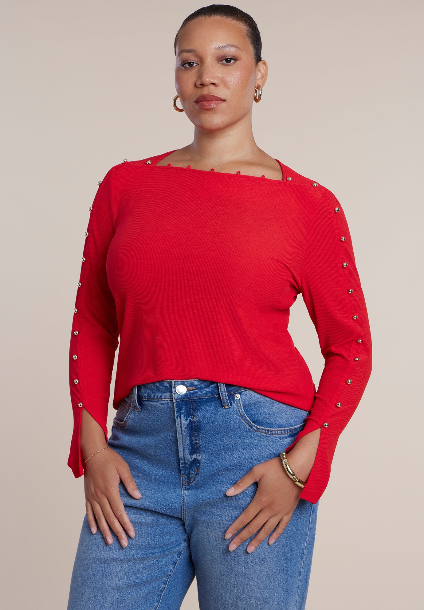 Button-Detail Square Neck Knit Top