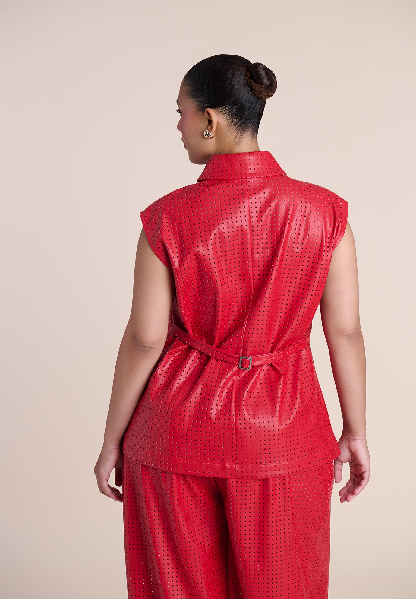 Perforated Faux Leather Tie-Waist Top image number 1