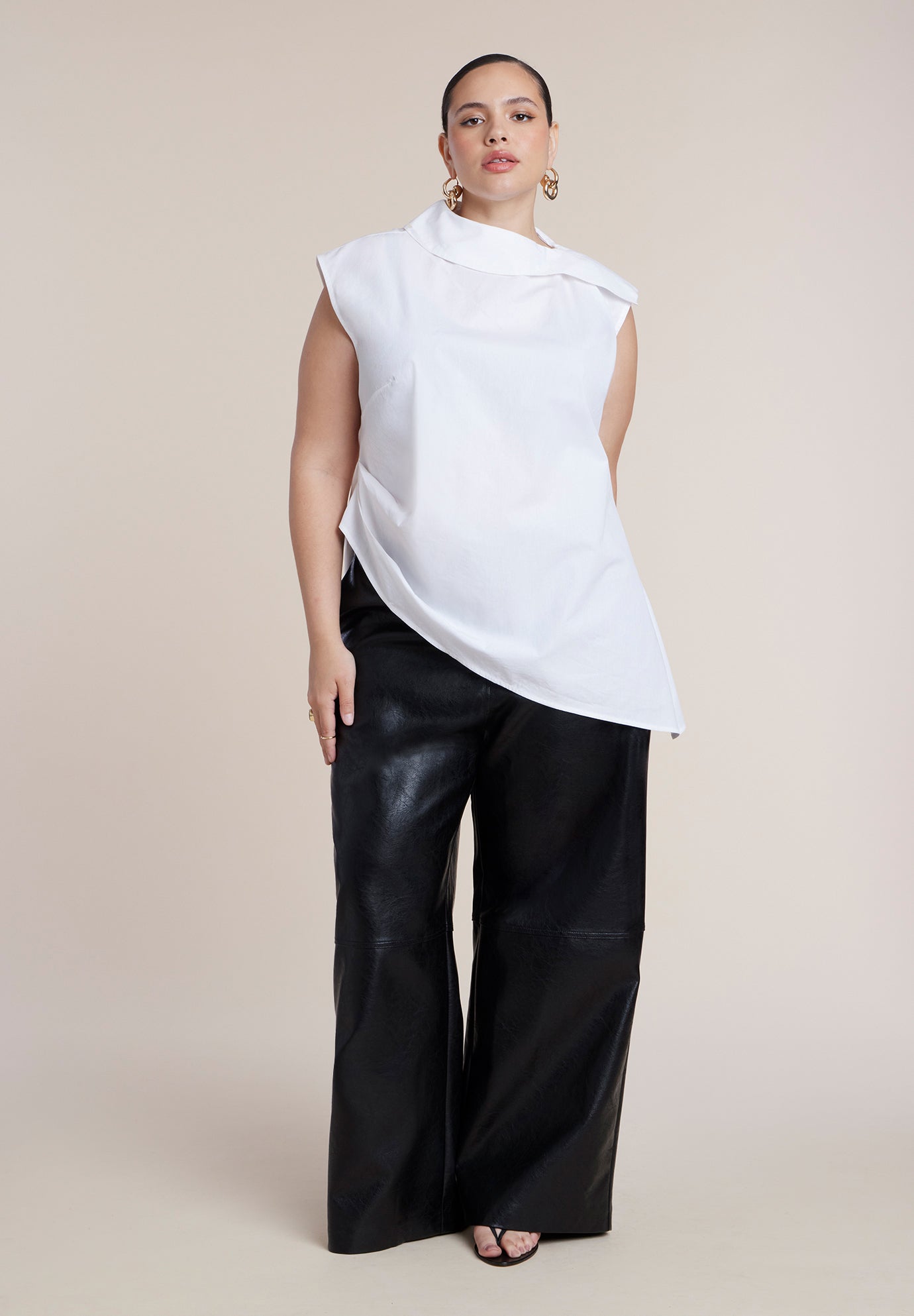 Poplin Asymmetric Draped Sleeveless Top image number 2