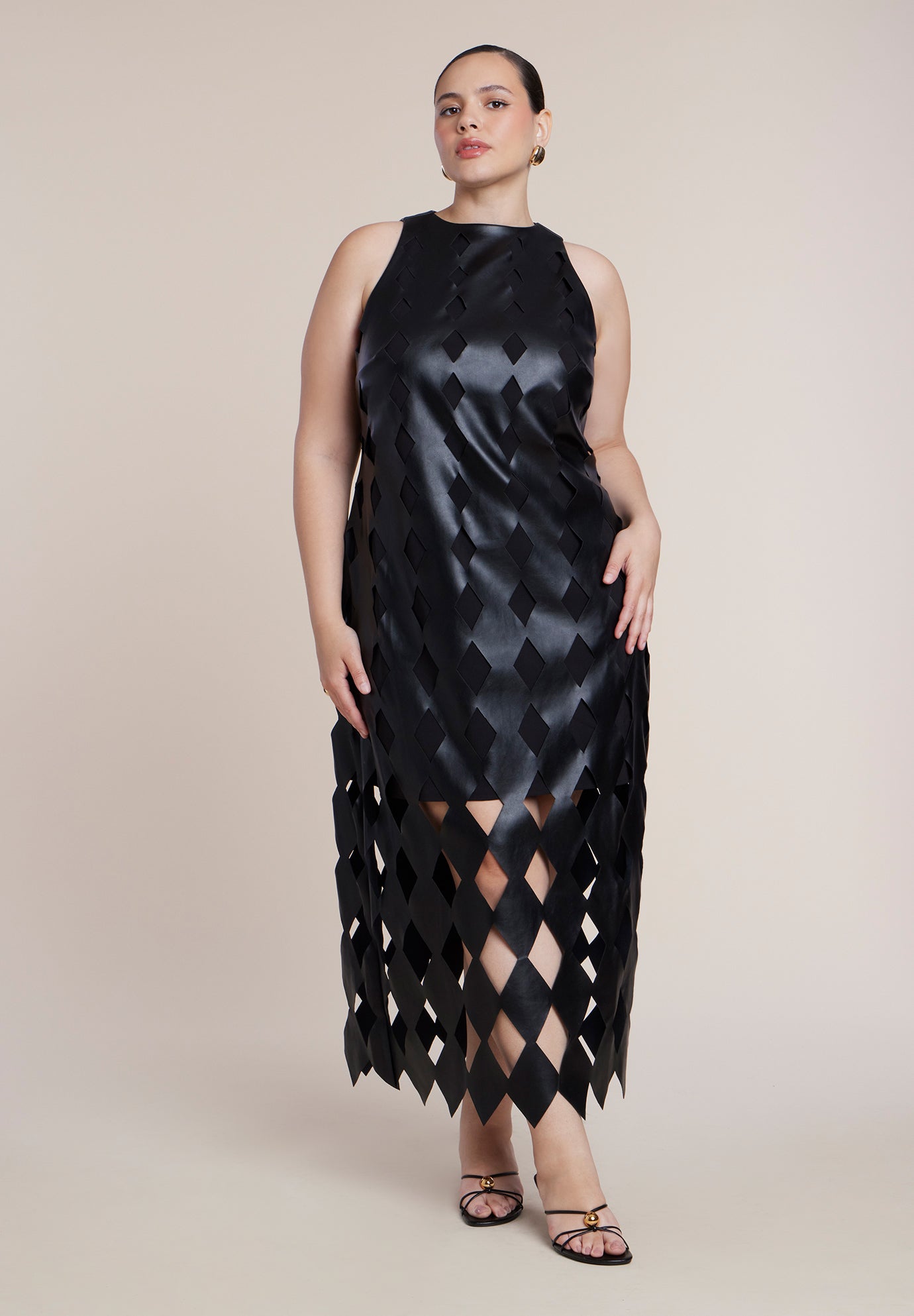 Diamond-Cut Faux Leather Maxi Dress