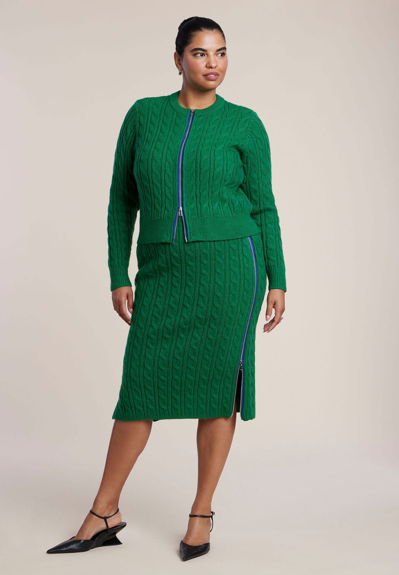 Cable Knit Zipper-Detail Midi Skirt image number 0