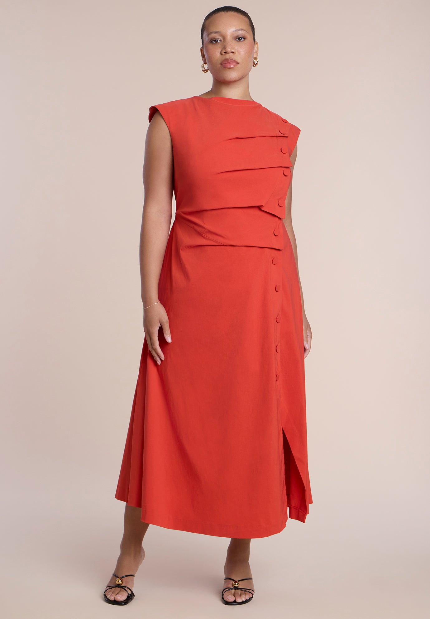 Pleated Button Detail Midi Dress image number 2