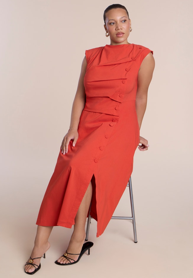 Pleated Button Detail Midi Dress image number 3