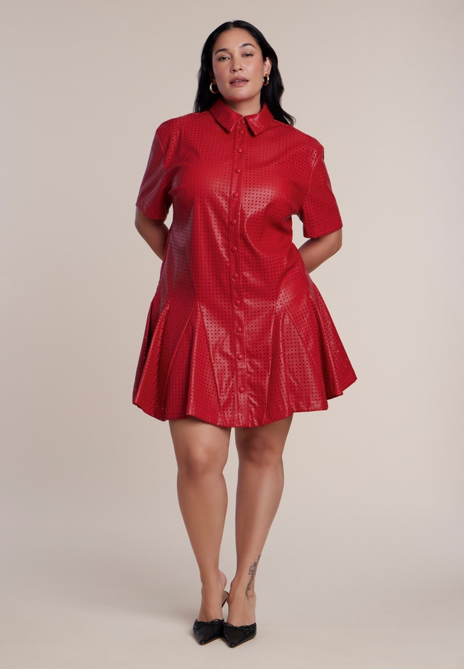 Perforated Faux Leather Mini Shirt Dress image number 2