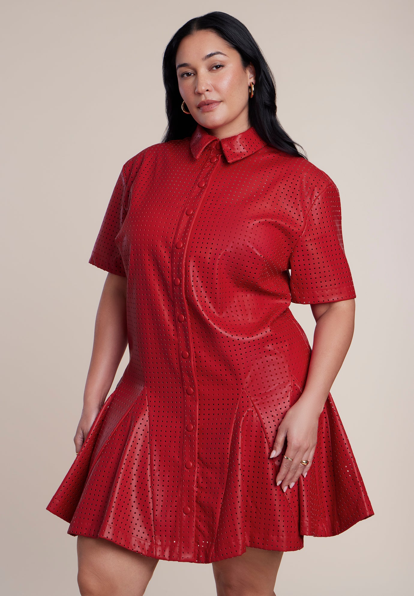 Perforated Faux Leather Mini Shirt Dress image number 3