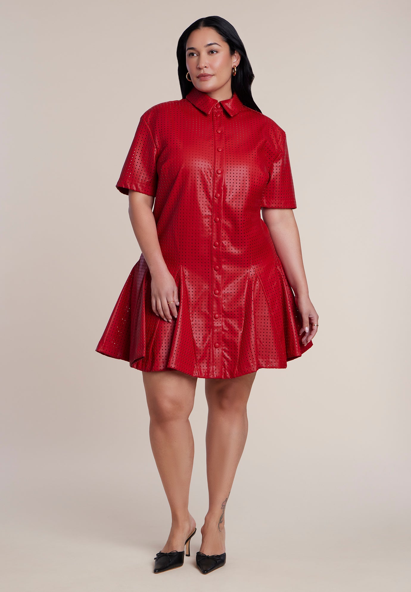 Perforated Faux Leather Mini Shirt Dress