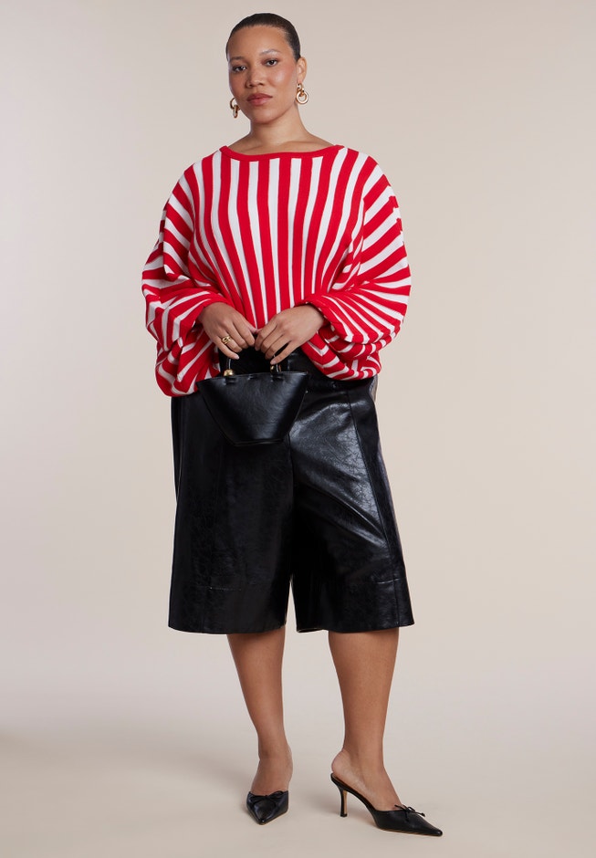 Cinch-Waist Striped Cropped Sweater image number 3