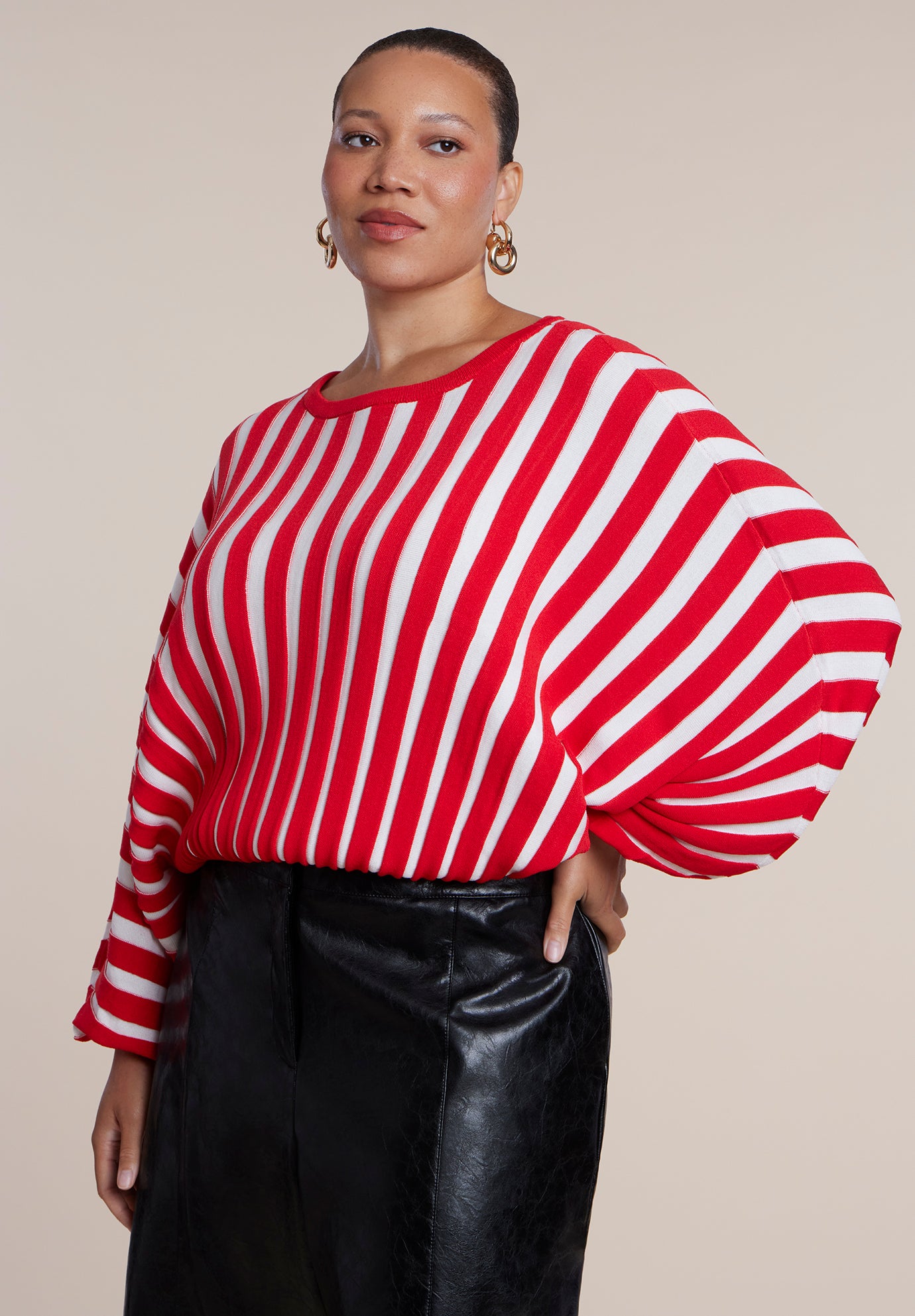 Cinch-Waist Striped Cropped Sweater image number 0