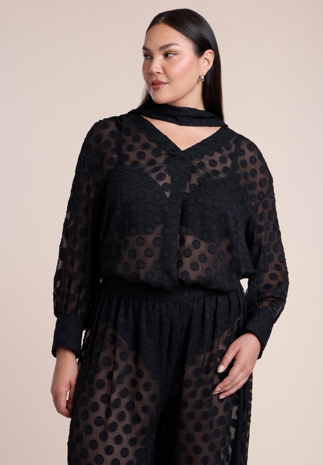 Sheer Polka Dot Blouse With Neck Tie image number 2