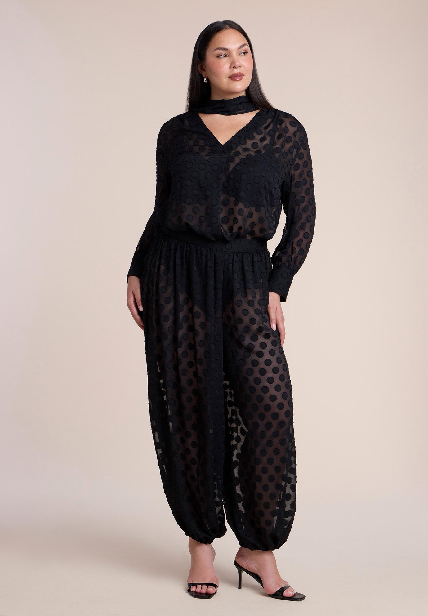 Sheer Polka Dot Blouse With Neck Tie image number 3