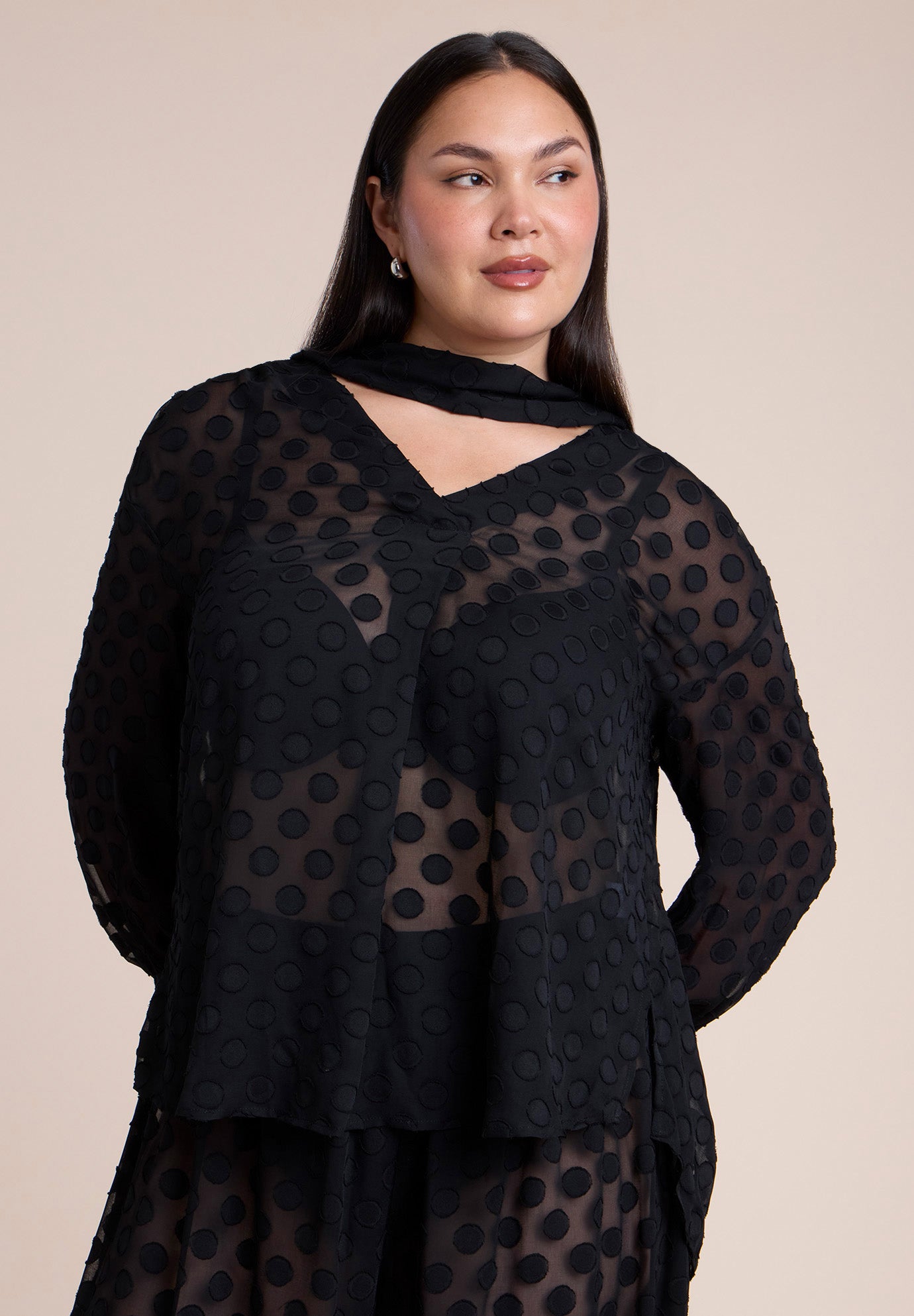 Sheer Polka Dot Blouse With Neck Tie image number 0