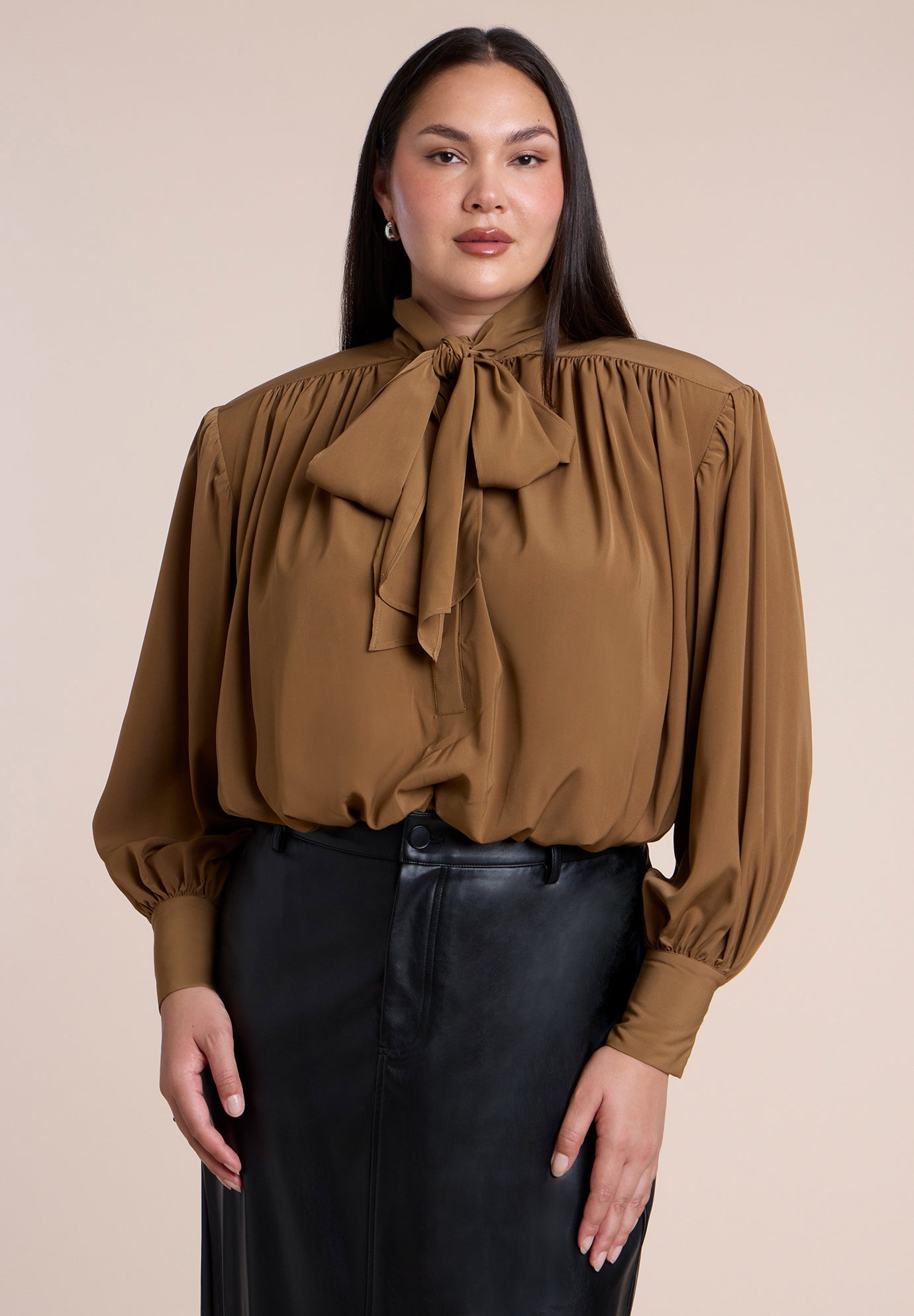 Power Shoulder Cropped Blouse With Neck Tie image number 0