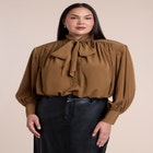 Power Shoulder Cropped Blouse With Neck Tie image number 0