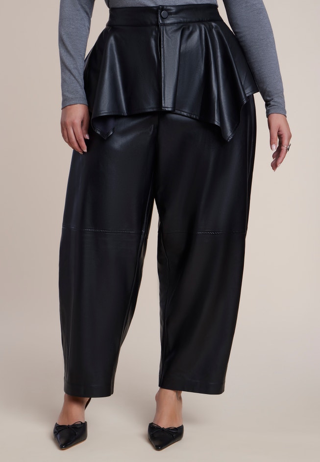 Peplum-Detail Faux Leather Barrel Pant image number 1