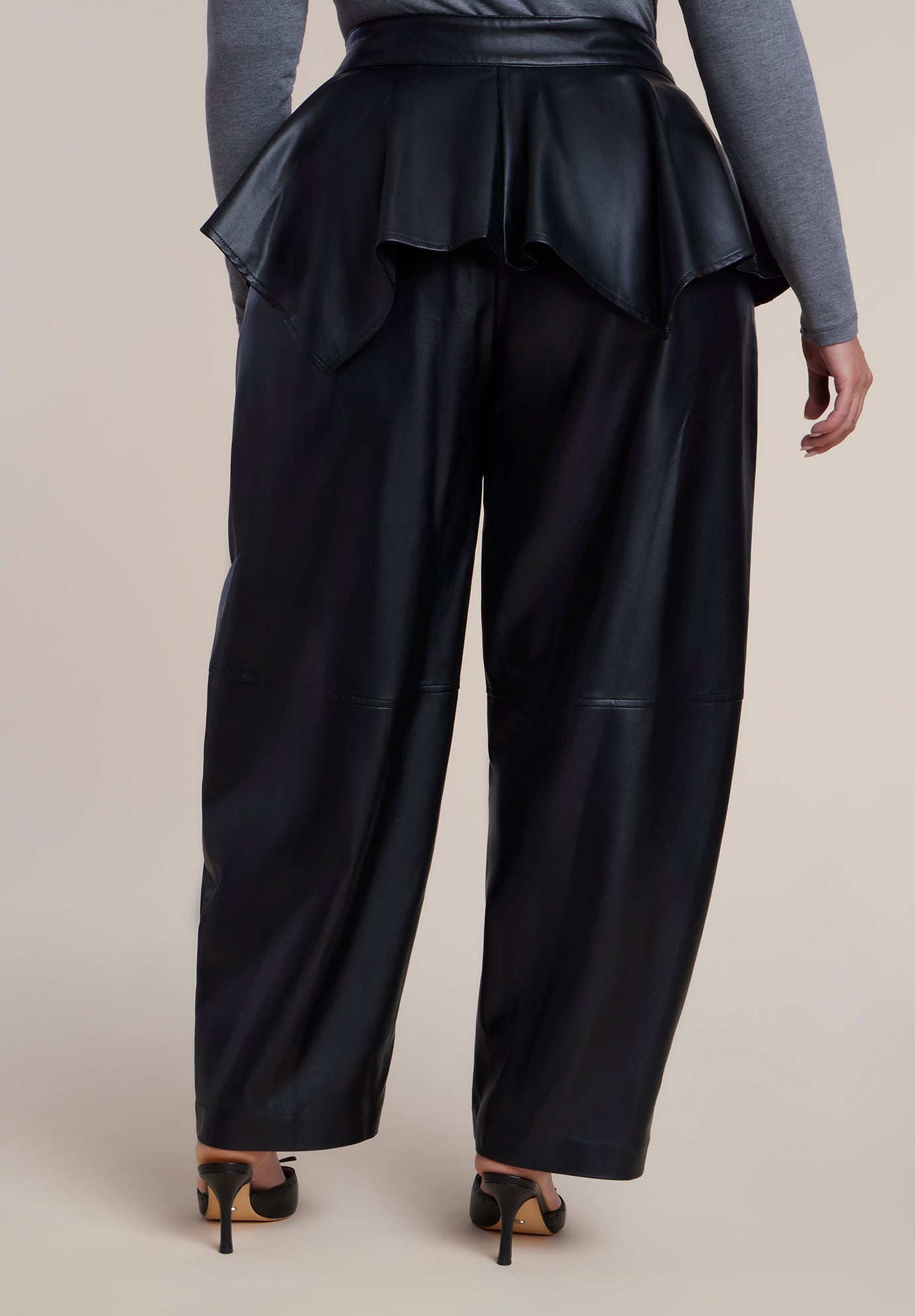 Peplum-Detail Faux Leather Barrel Pant image number 2