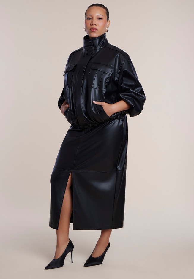 Faux Leather Funnel Neck Jacket image number 3