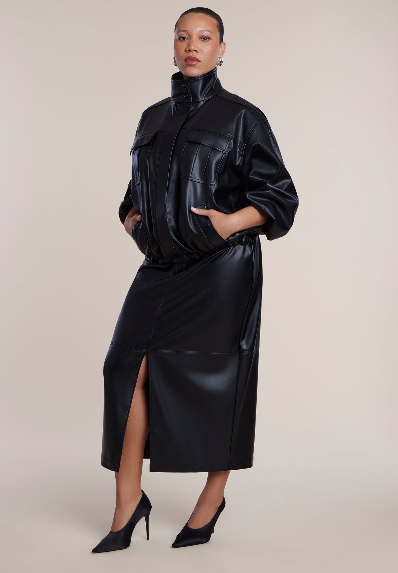 Faux Leather Funnel Neck Jacket image number 4