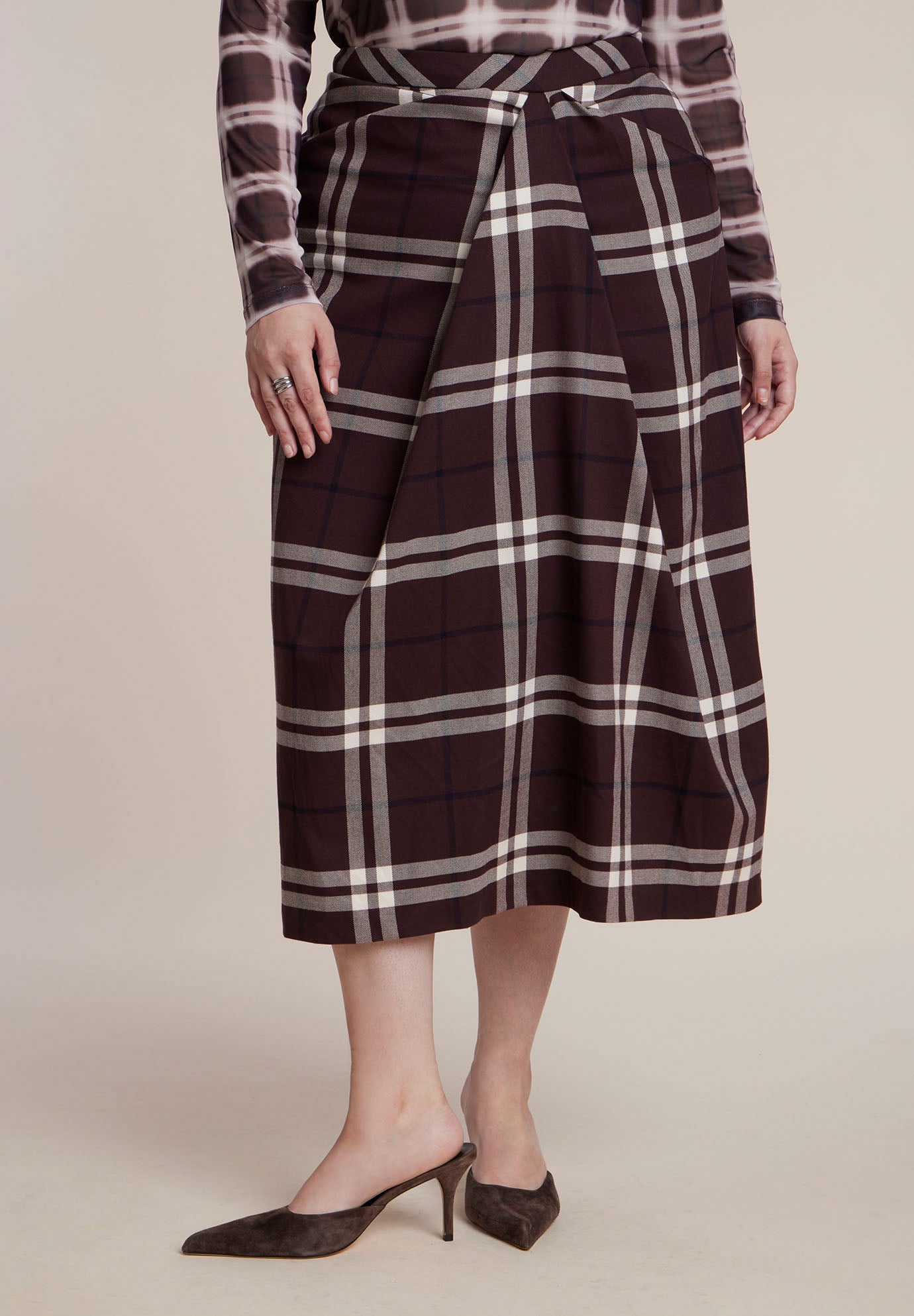 Draped Plaid Midi Skirt image number 1