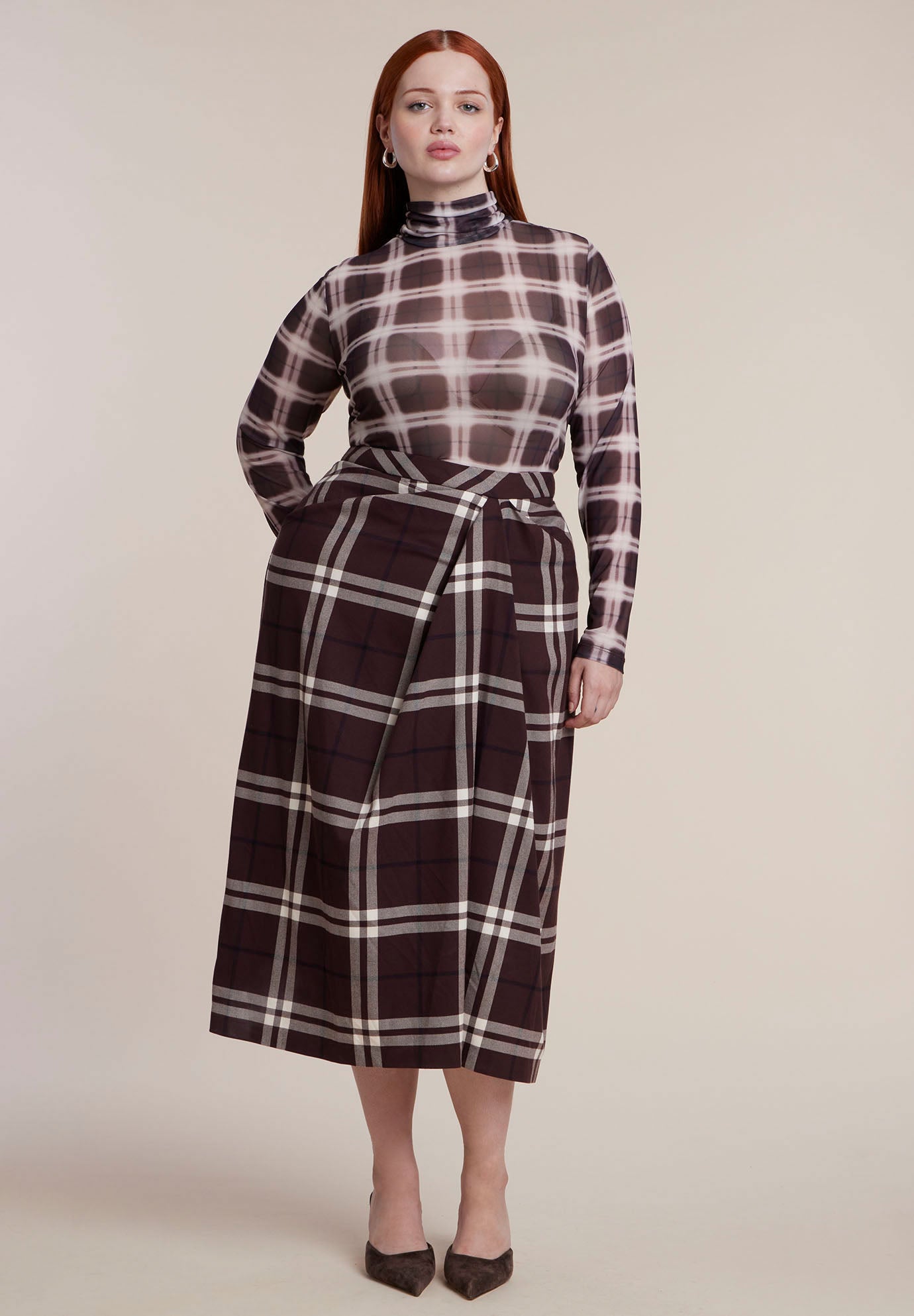 Draped Plaid Midi Skirt image number 0