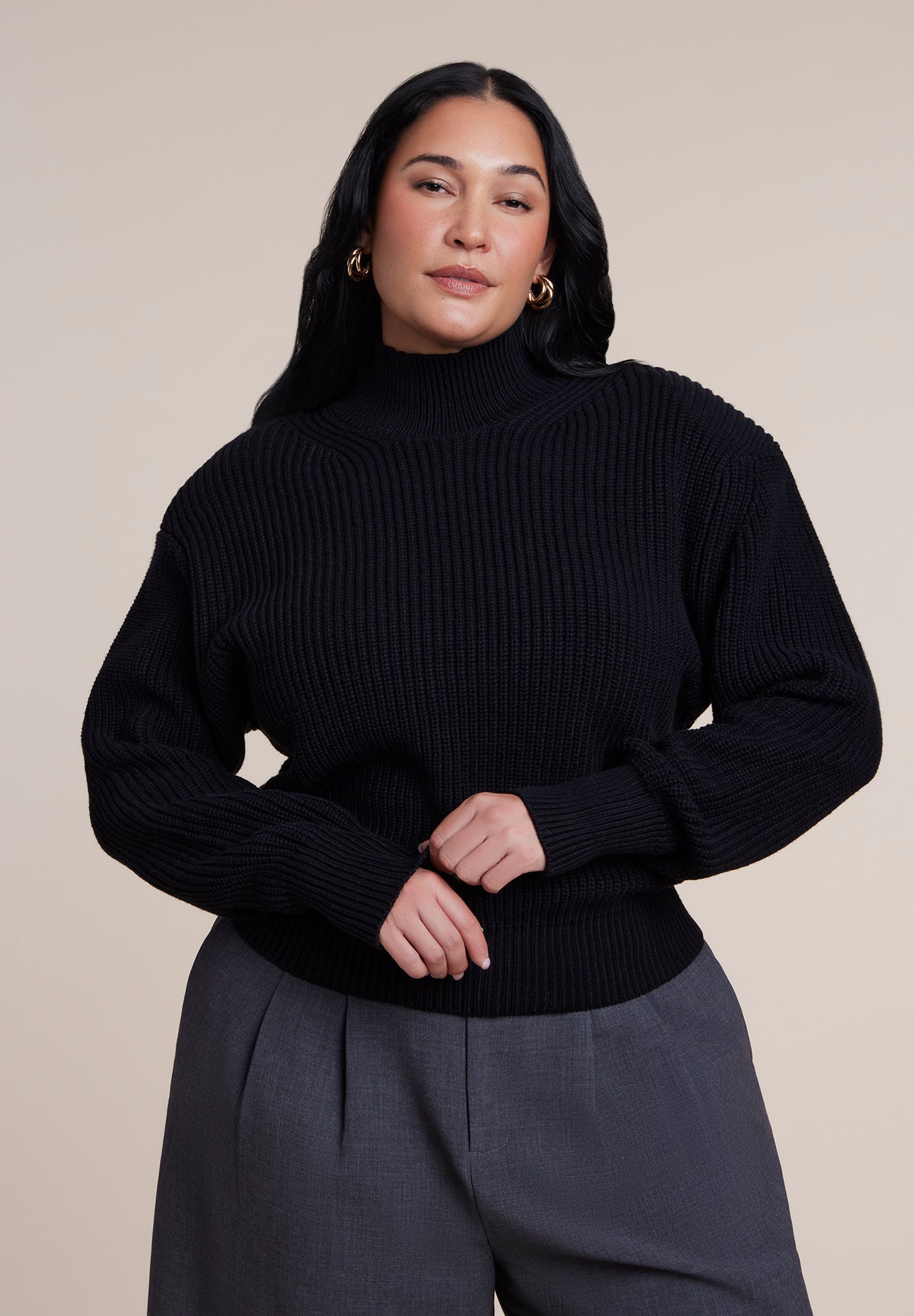 Power Shoulder Mock Neck Sweater