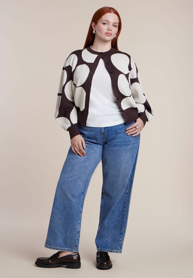 Intarsia Knit Puff-Sleeve Cardigan image number 2