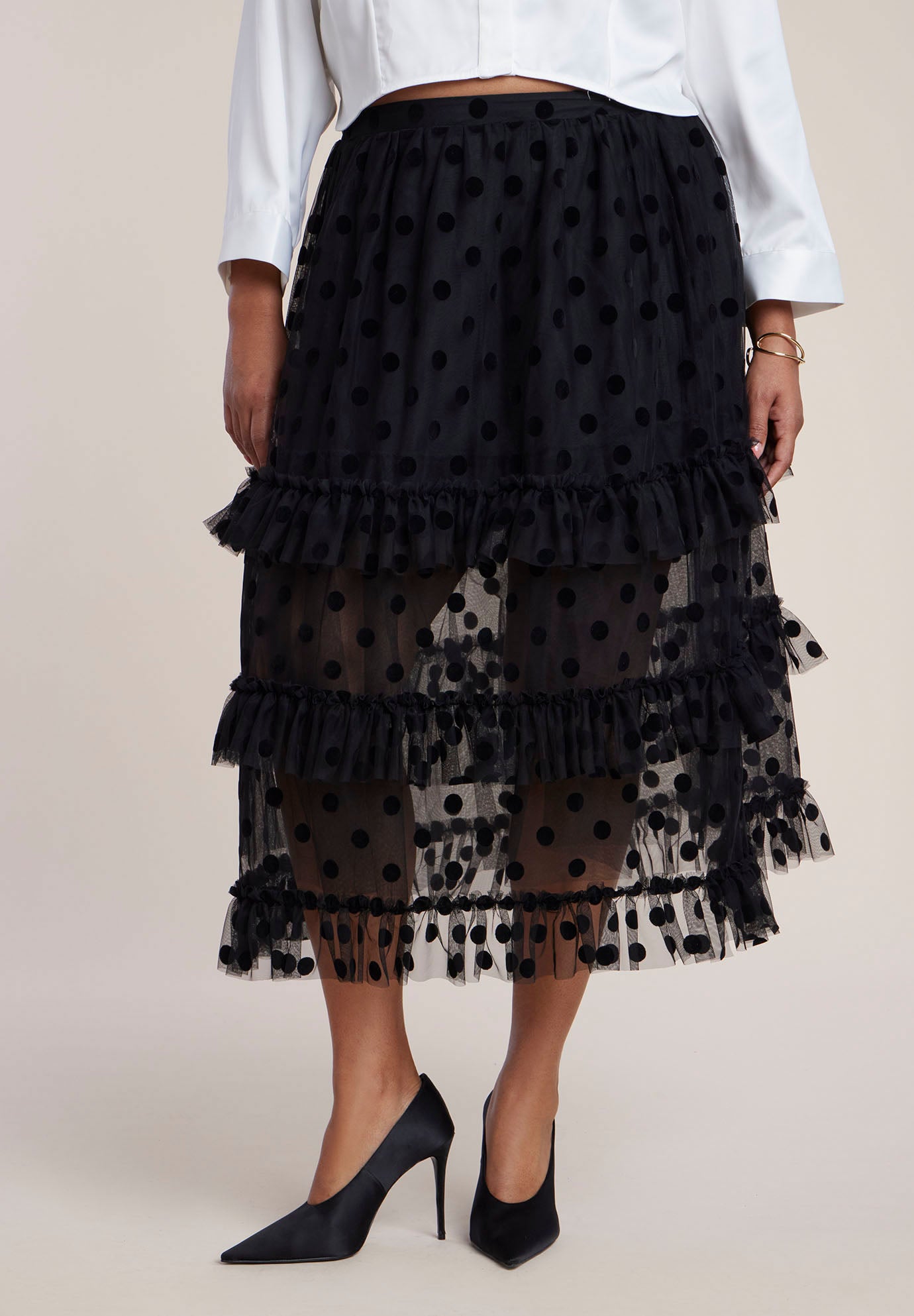 Ruffled Semi-Sheer Dot Midi Skirt image number 1