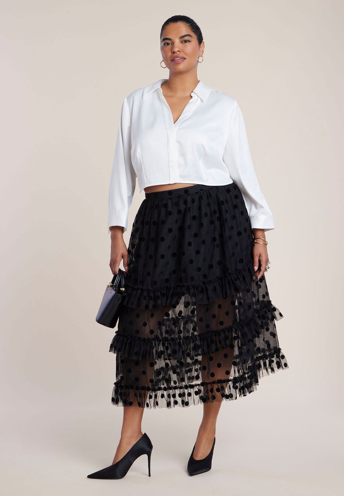 Ruffled Semi-Sheer Dot Midi Skirt image number 0
