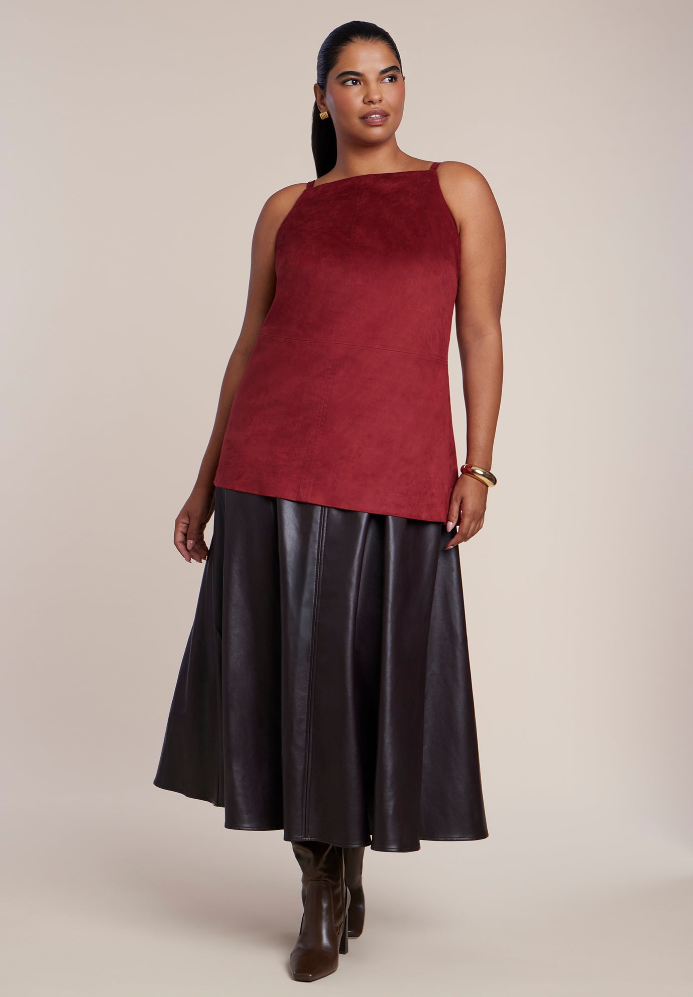 Faux Suede & Faux Leather Combo Maxi Dress