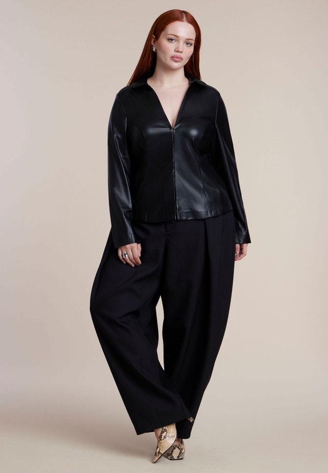 Fitted Faux Leather Collared Top image number 2