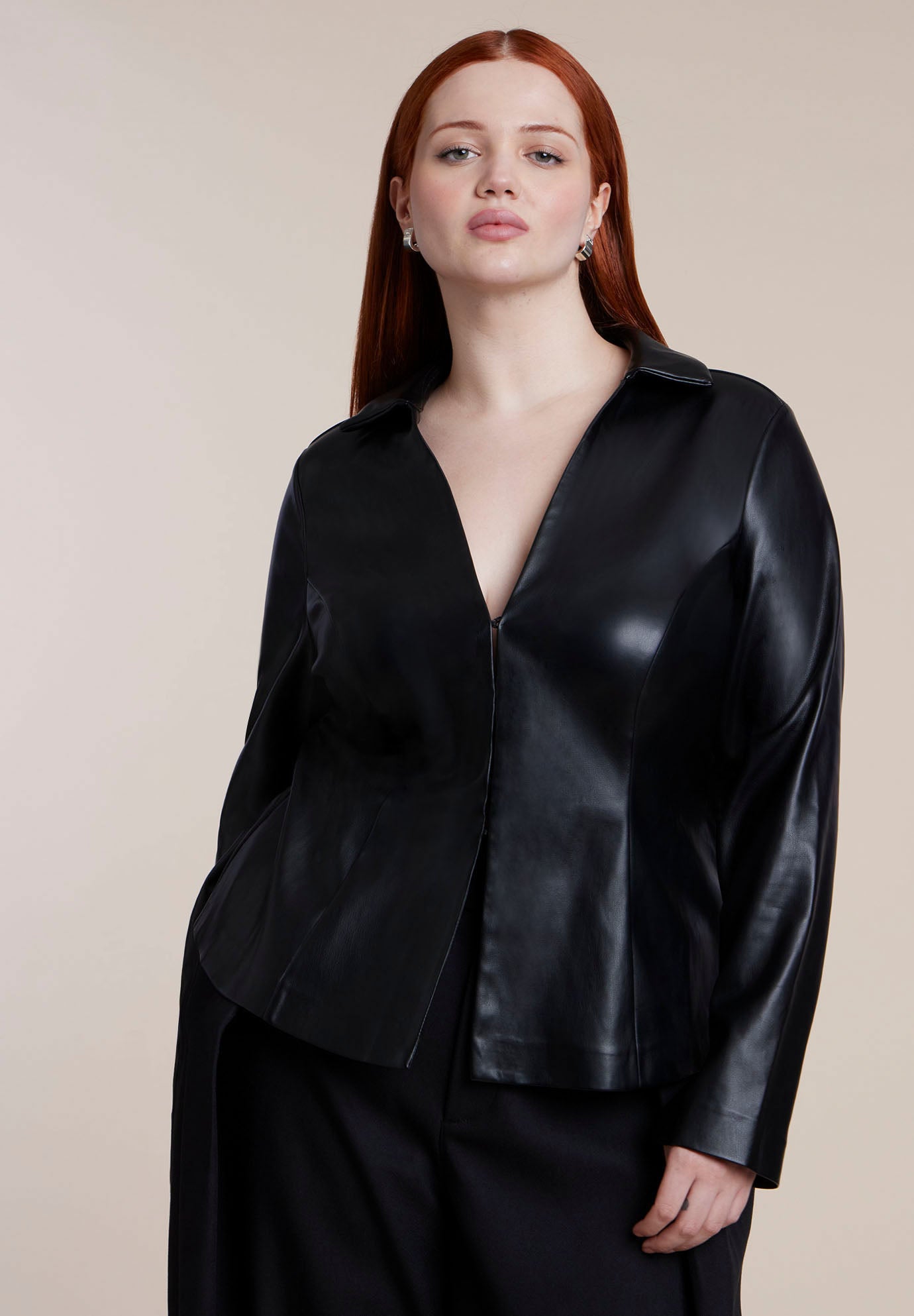 Fitted Faux Leather Collared Top image number 0