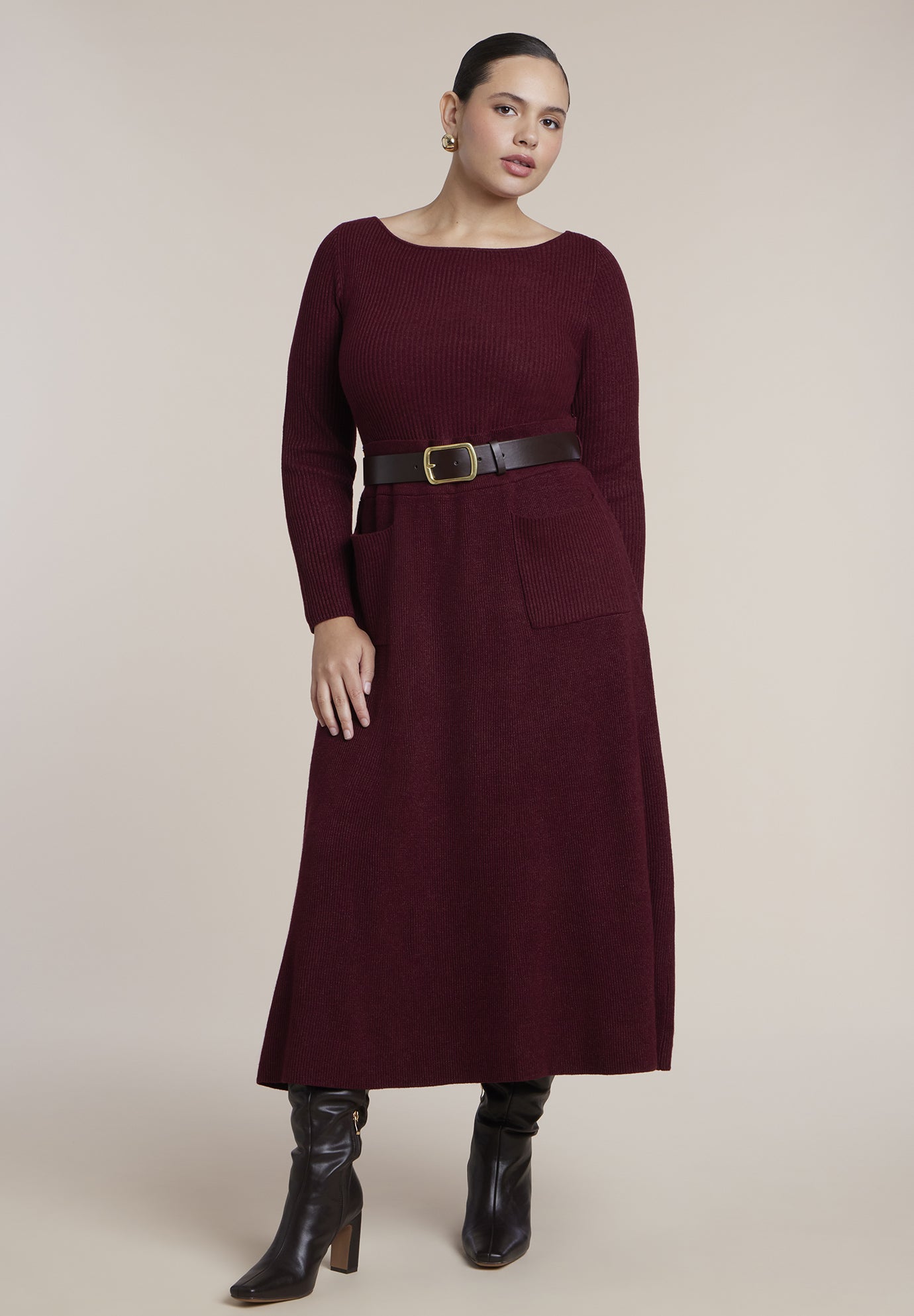 Belted Ribbed Sweater Maxi Dress