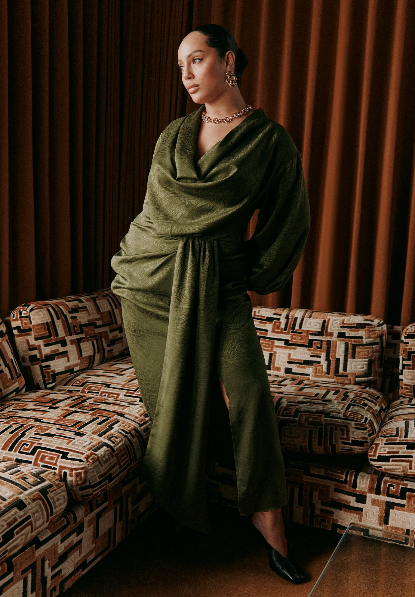 Draped Jacquard Maxi Dress