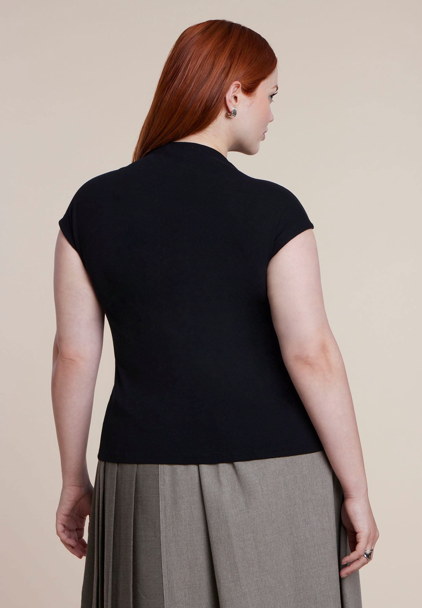 Pleated Button-Front Mock Neck Top image number 1