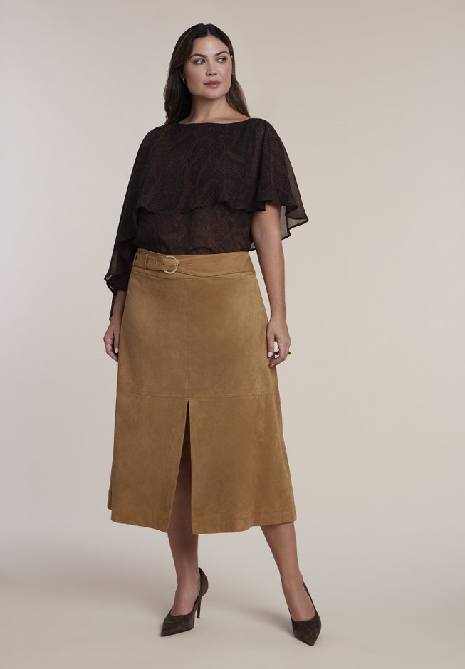 Belted Faux Suede Midi Skirt image number 1