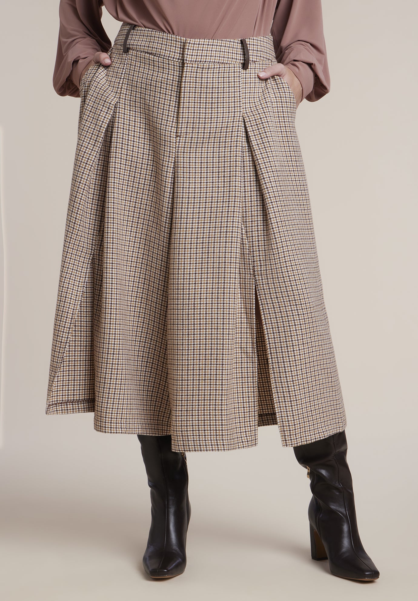 Pleated Houndstooth Wide-Leg Culotte image number 1