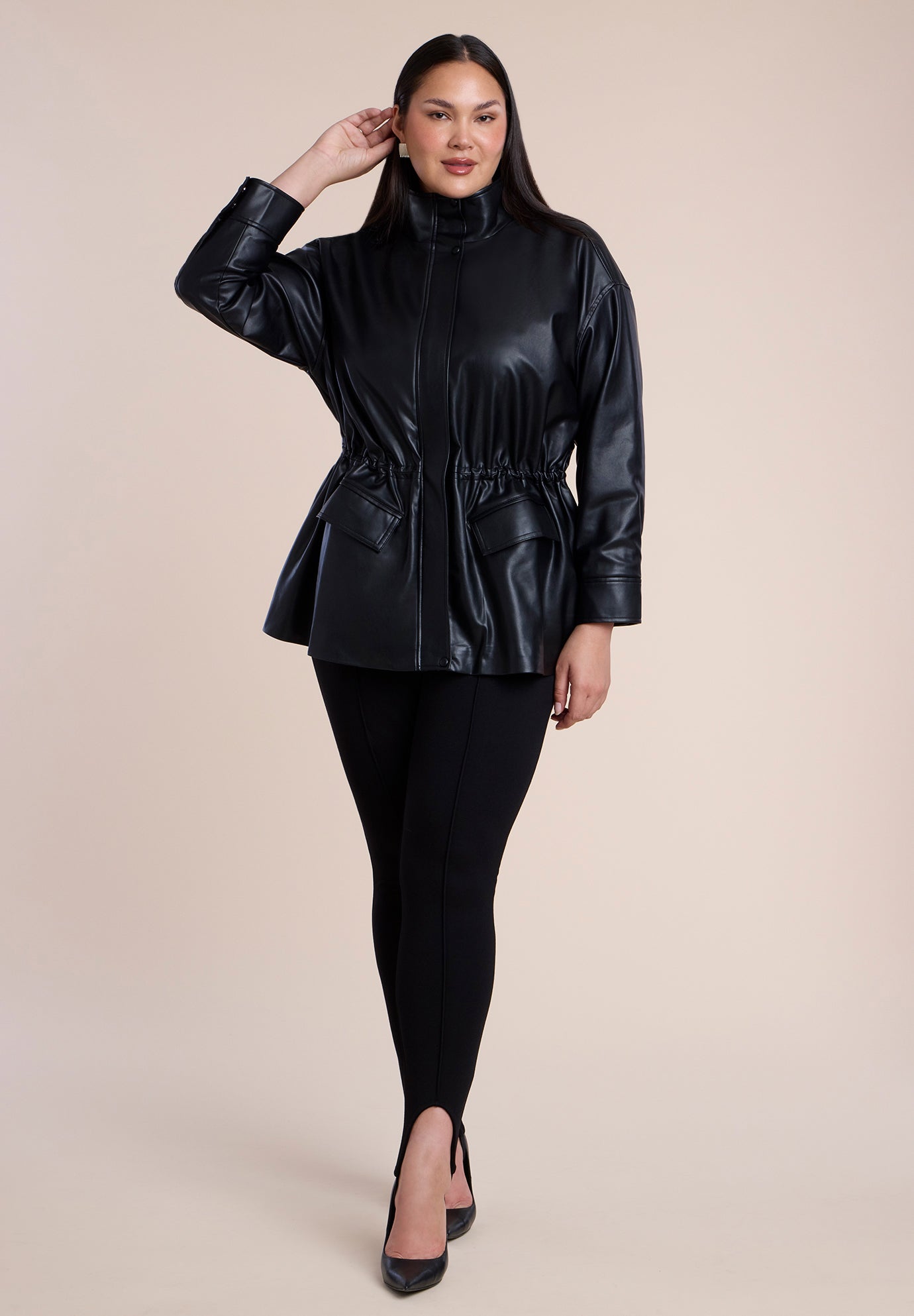 Faux Leather Funnel Neck Cinched-Waist Jacket image number 3