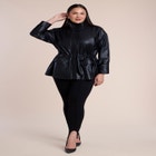 Faux Leather Funnel Neck Cinched-Waist Jacket image number 3