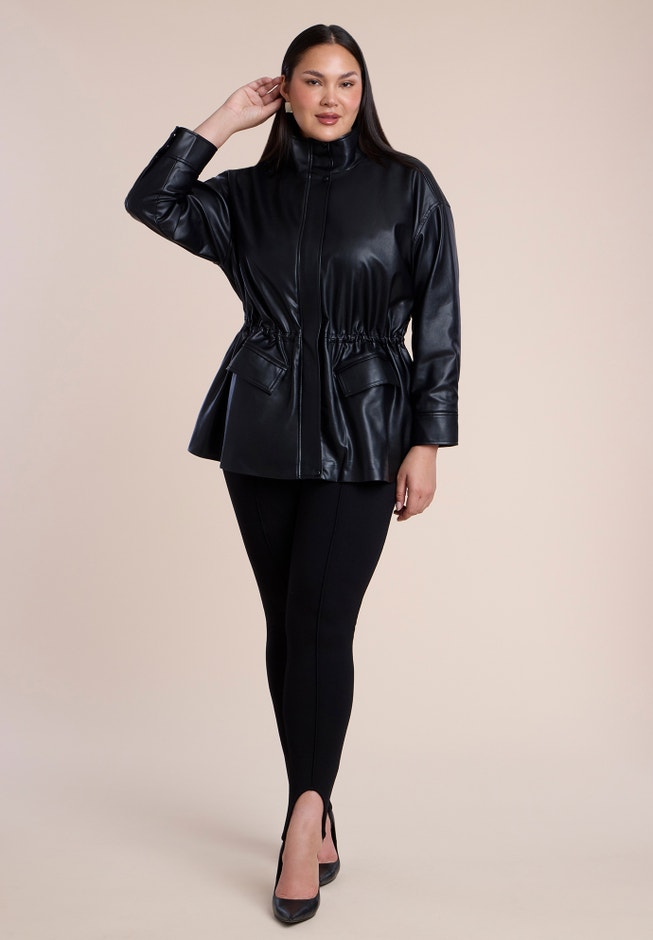 Faux Leather Funnel Neck Cinched-Waist Jacket image number 3