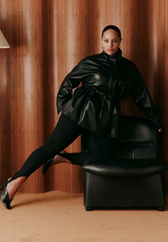 Faux Leather Funnel Neck Cinched-Waist Jacket image number 5