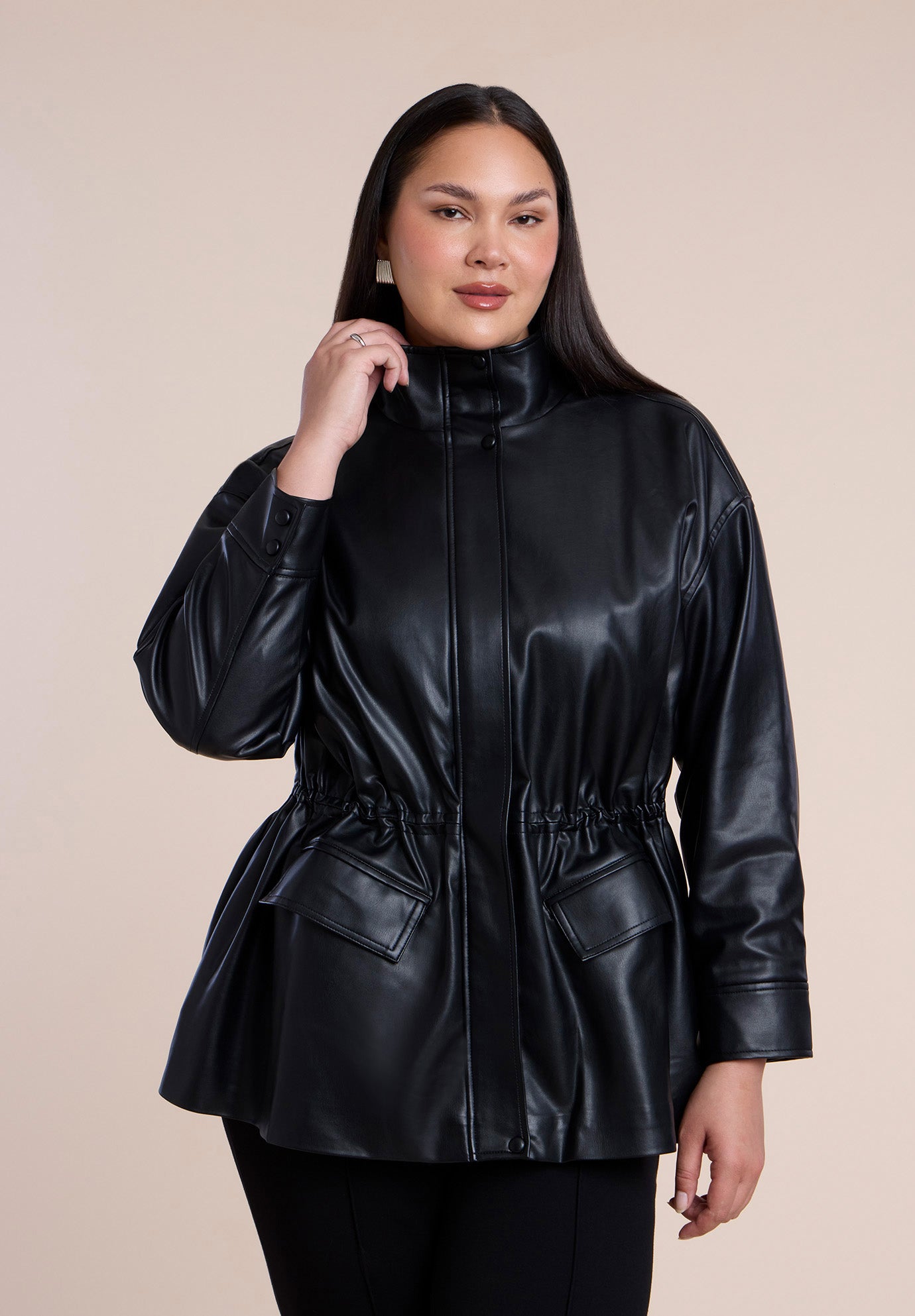 Faux Leather Funnel Neck Cinched-Waist Jacket