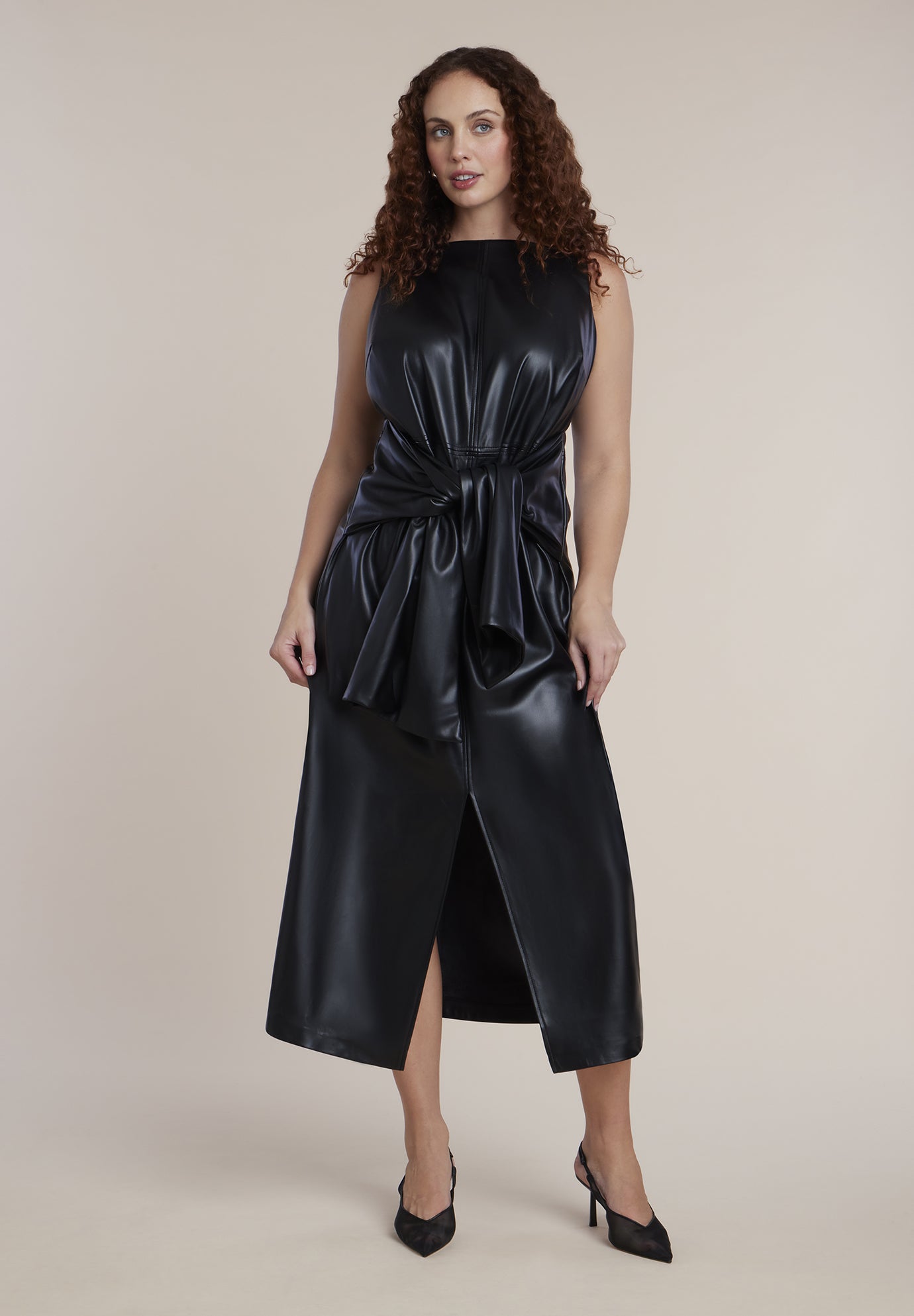 Waist-Tie Faux Leather Maxi Dress
