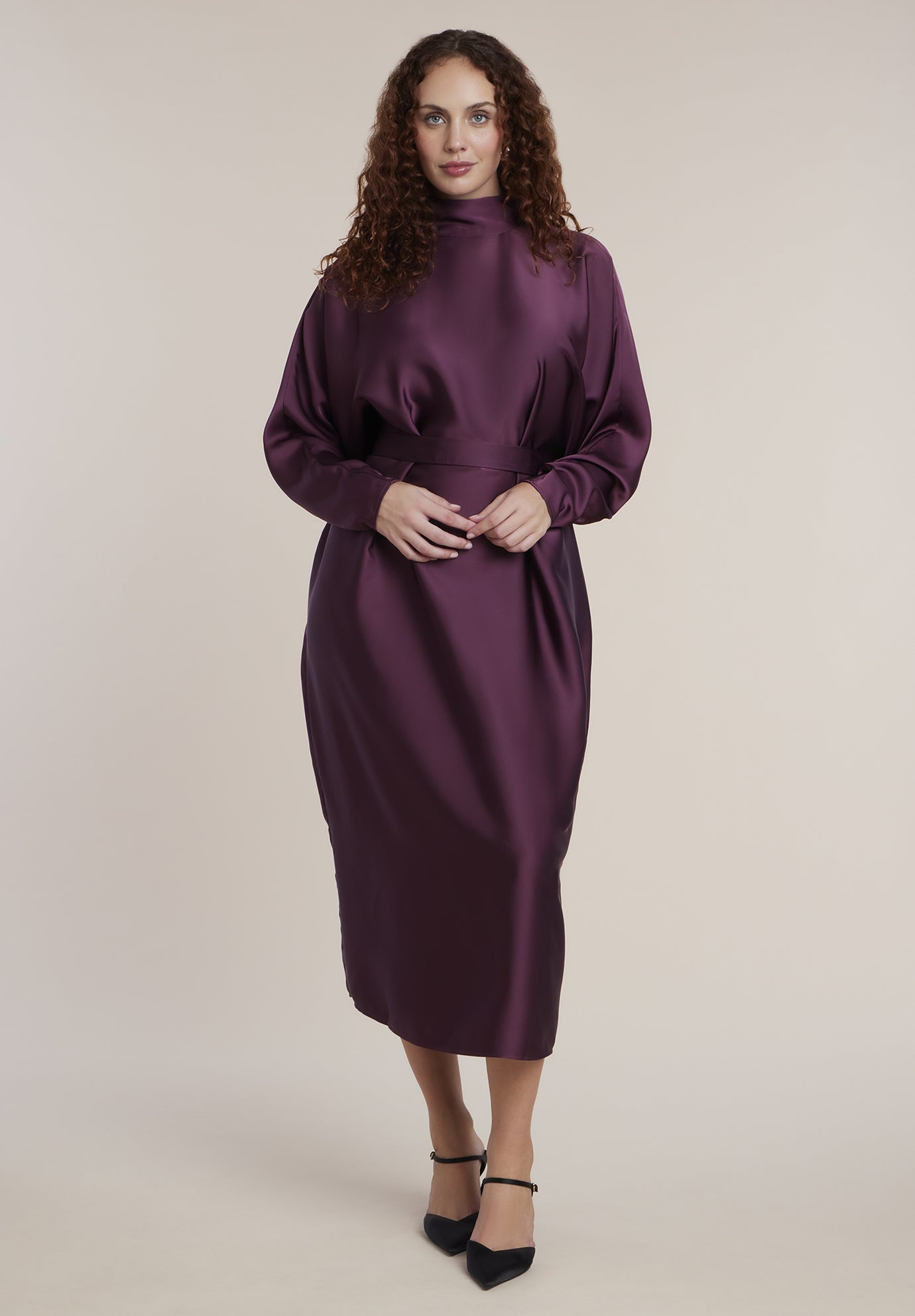 Dramatic Draped Satin Midi Dress
