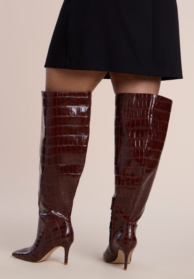 Embossed Faux Leather Knee-High Boot image number 1