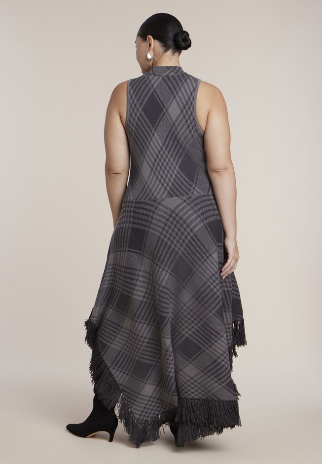 Fringe-Trim Plaid Sweater Maxi Dress image number 2