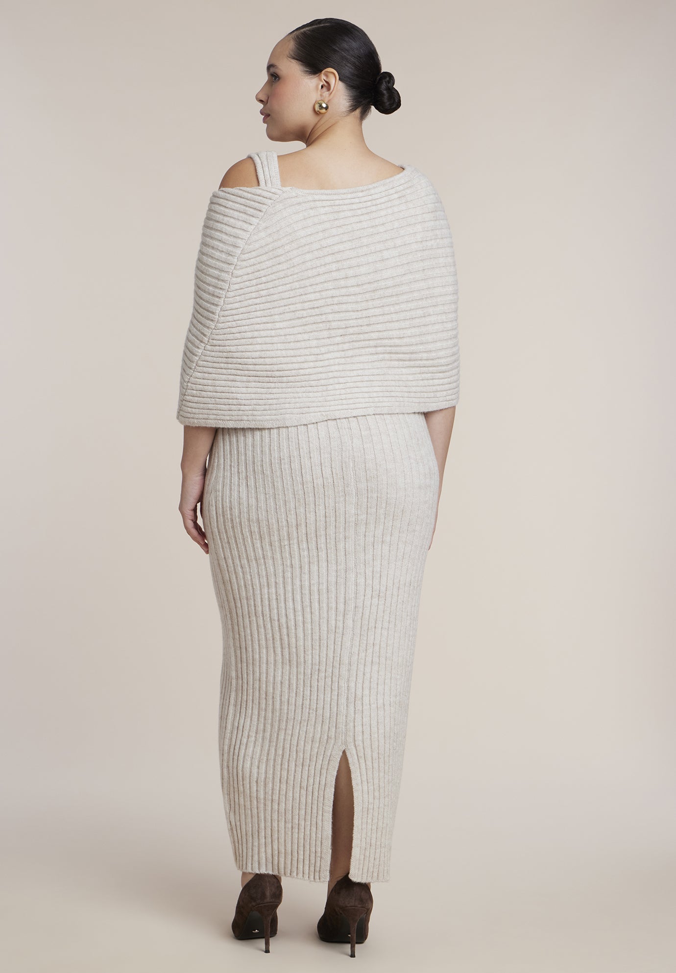 Brooch Detail Cape Sweater Midi Dress image number 1