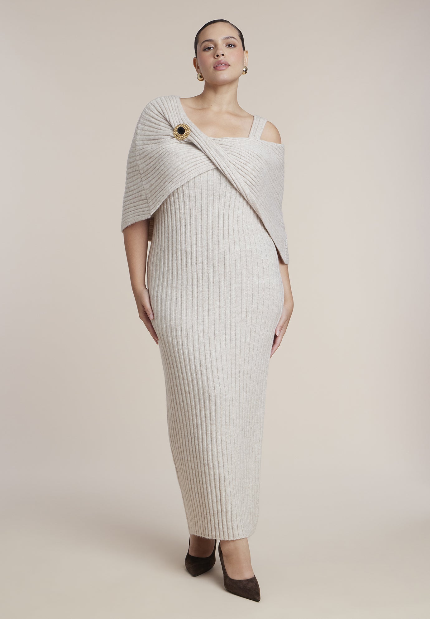 Brooch Detail Cape Sweater Midi Dress image number 0