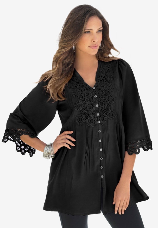 Plus Size Juliet Lace Trim Button-Down Shirt image number 1