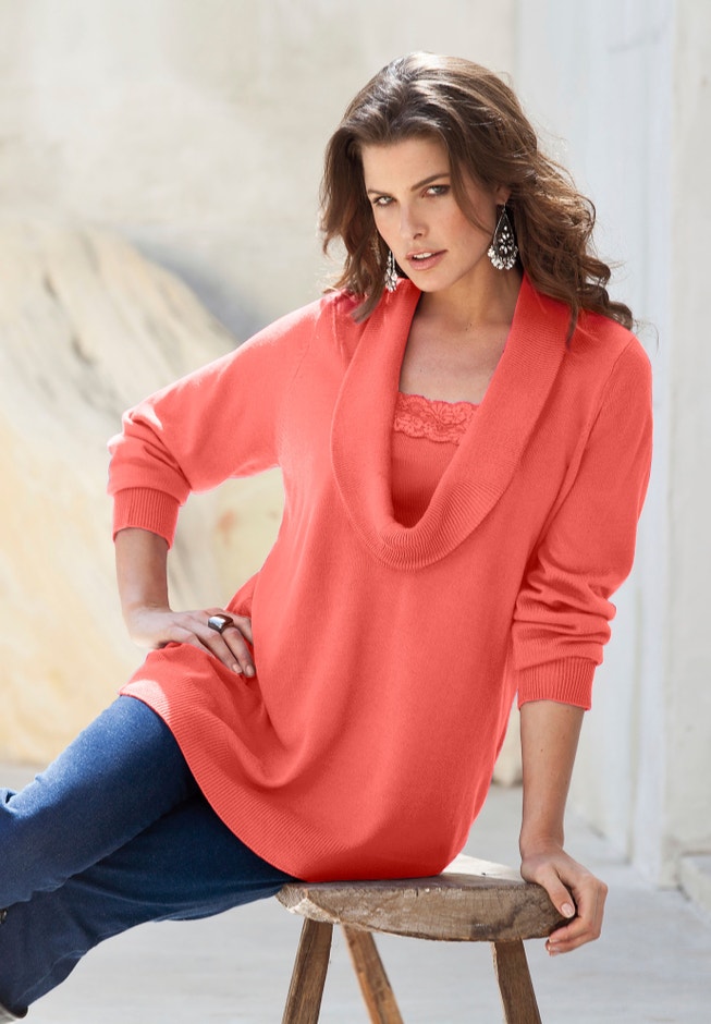 Plus Size Lightweight Cowl Neck Sweater with Lace Trim image number 2