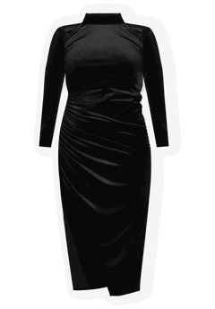 velvet dress mock neck MILA MOCK NECK CRUSH VELVET DRESS-BLACK S / Black